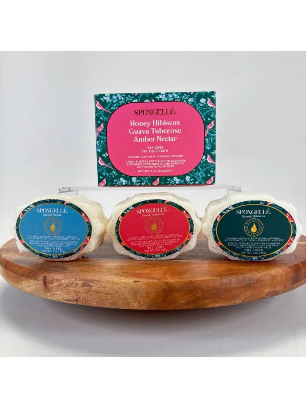 Spongelle Honey Hibiscus Guava Tuberose Amber Nectar Pedi-Buffer Trio 3 oz